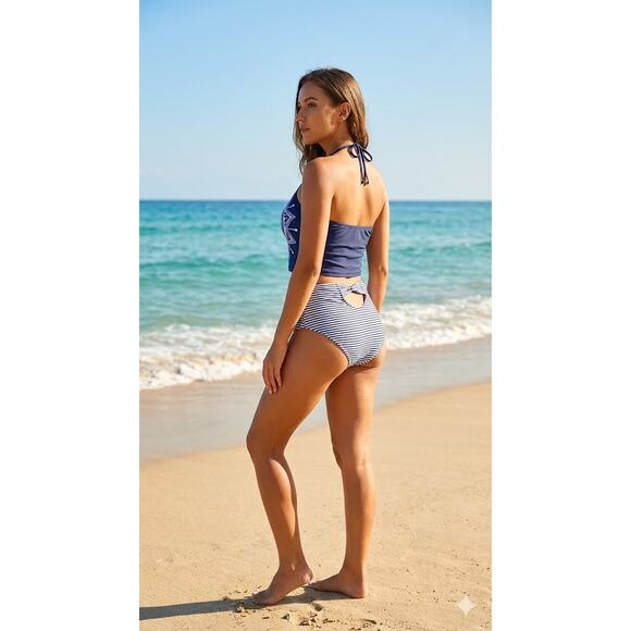 L Mandala Tankini - Navy + white Halter tie Hi Waisted Striped Bikini Set NWOT - Picture 7 of 7